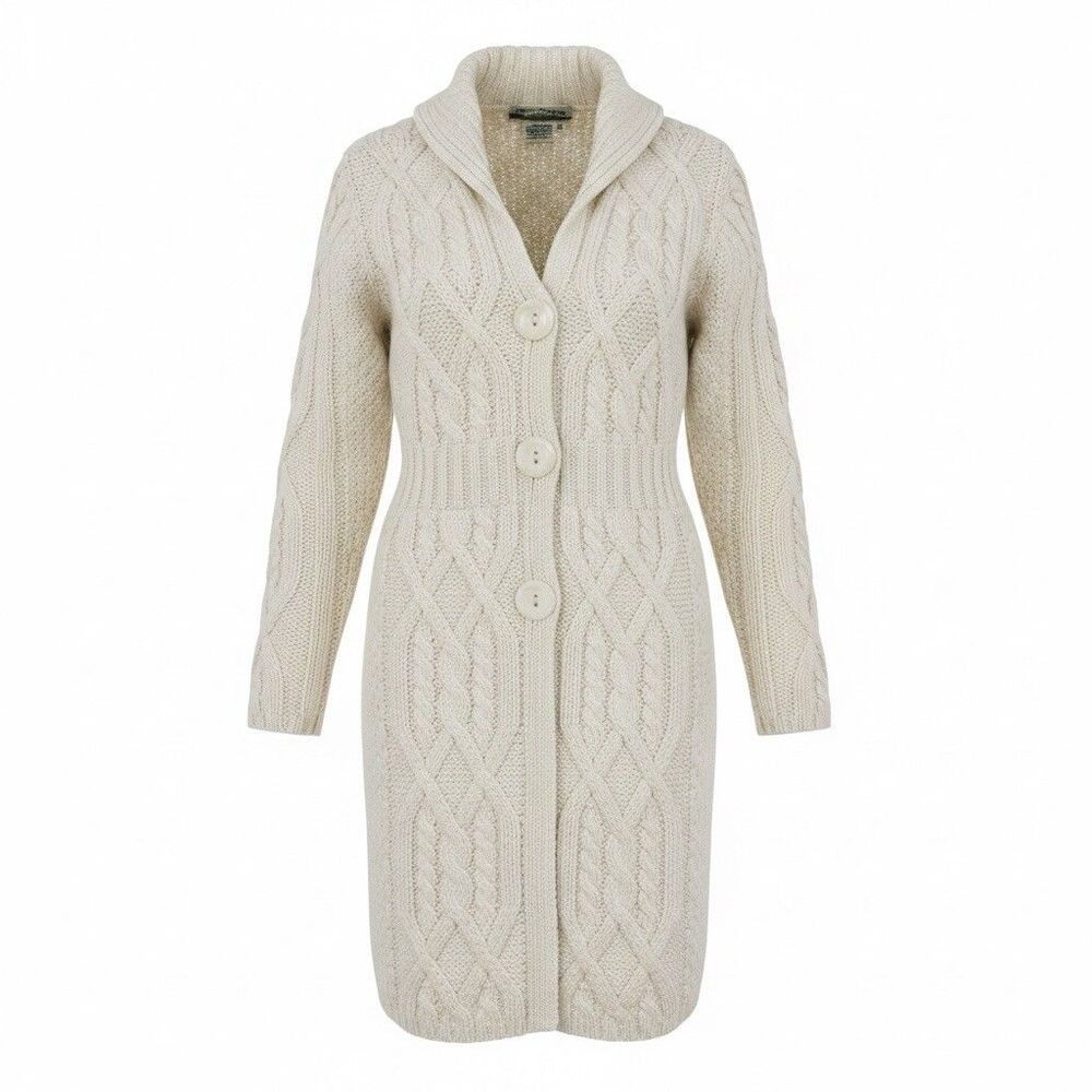 Aran Crafts 100% Merino Wool White Cable-Knit Button-Up Long Cardigan Sweater S